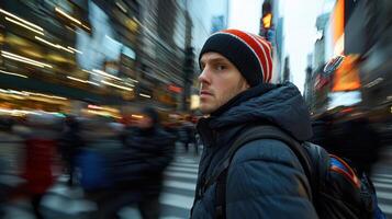 A man in a winter hat and jacket walking down a busy street photo
