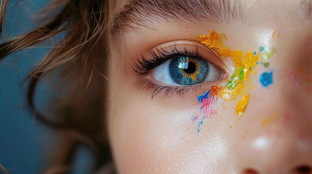 un cerca arriba de un niño ojo con pintar en eso foto