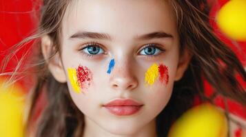 A young girl with painted face and yellow balloons photo