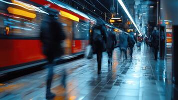 A blurry image of people walking on a train platform photo