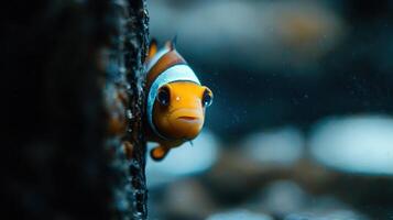 An orange and white clown fish peeking out from behind a rock photo