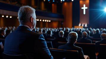A man sitting in a chair in front of a large audience photo