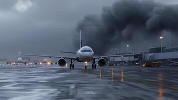 A large jet airplane on a runway with smoke coming out of it photo