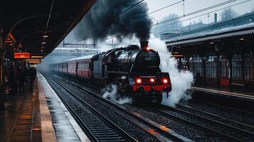A steam train is coming down the tracks photo