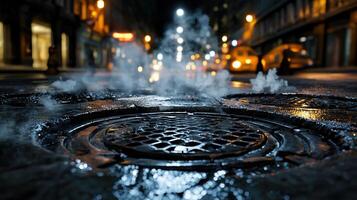 A manhole cover with steam coming out of it photo