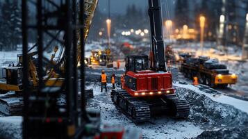 A construction site with a red construction machine photo