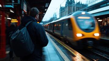 A man standing on a train platform waiting for a train photo