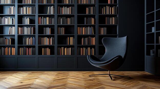 A chair sits in front of a bookshelf with a black wall photo