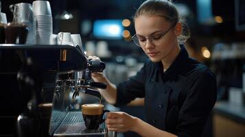 A woman in glasses is making coffee in a coffee shop photo