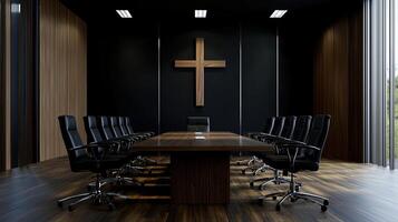 A conference room with a wooden table and black chairs photo