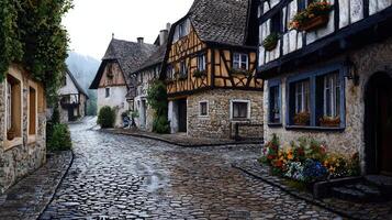 A cobblestone street with a few houses and flowers photo