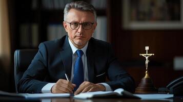 A man in a suit and tie sitting at a desk photo