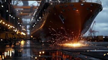 A ship is being worked on by a worker photo