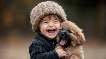 A young child is smiling while holding a dog photo