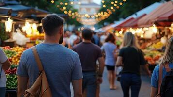 People walking through an outdoor market with fruit and vegetables photo