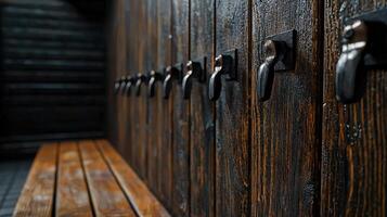 A row of wooden lockers with a bench in front of them photo