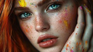 A woman with freckles and colorful makeup photo