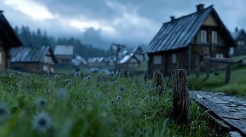 A small village with a few houses and a path photo
