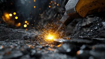 A black and yellow object is being used to cut through a pile of rocks photo