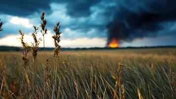 A field of dry grass with a storm in the background photo