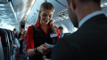 A woman in an airplane is holding a piece of paper photo