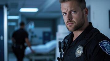 A police officer standing in a hospital hallway photo