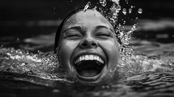 A woman is smiling and splashing water in the pool photo
