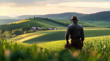A man in a hat is walking through a field photo