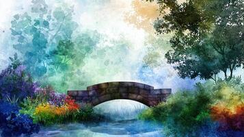 Watercolor painting of a bridge over a river photo