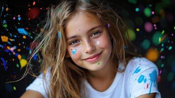 A young girl with paint splattered on her face photo