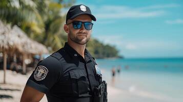 A police officer stands on a beach with his sunglasses on photo