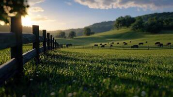 A beautiful, peaceful scene of a large, lush green field with a wooden fence photo