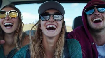 Three people in a car laughing and smiling photo