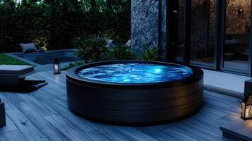 A large, wooden bathtub with blue water and a blue light photo