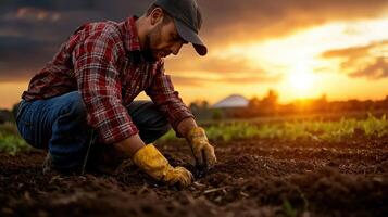 A man kneeling in the dirt with his hands on the ground photo