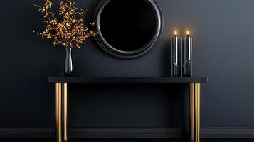 A black console table with candles and a mirror photo