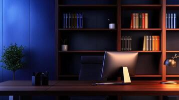 A desk with a computer monitor and a bookshelf with many books photo