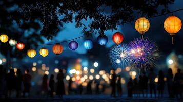 The lanterns are lit up, creating a festive atmosphere photo