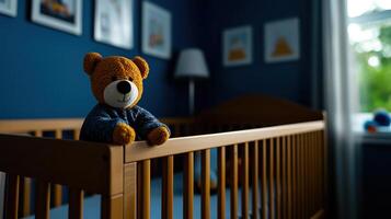 A toy bear is sitting on a crib rail photo