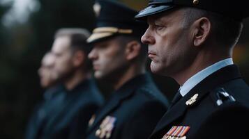 Three men in military uniforms stand in a line, with one of them wearing a hat photo