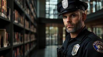 A police officer stands in front of a library with a badge on his chest photo