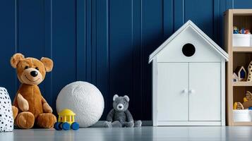 A room with a blue wall and a white toy house photo