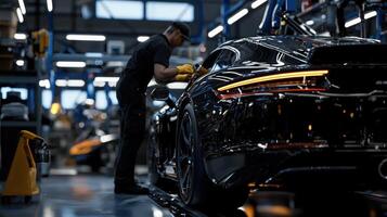 A man is working on a car in a factory photo