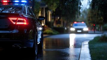 A police car is parked on a wet street with a blue and red light on the front photo