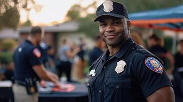 A police officer is smiling and posing for a picture photo