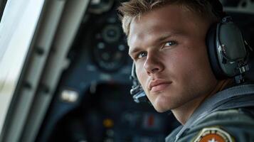 A man in a pilot's seat with a headset on photo
