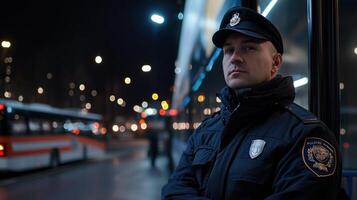 A police officer stands on a bus stop in the dark photo