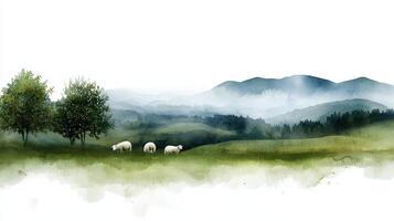 A group of sheep are grazing in a grassy field with a mountain in the background photo