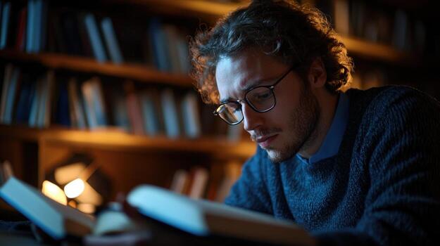 A man is reading a book in a library photo