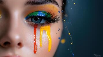 A woman with colorful makeup and paint on her face photo
